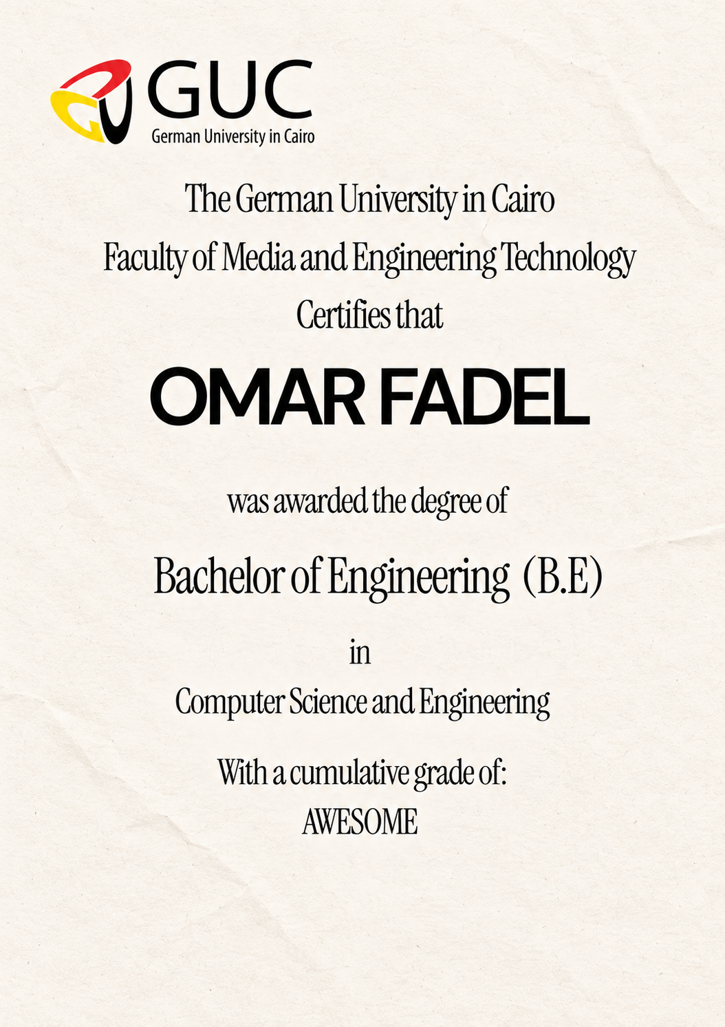GUC Bachelor of Engineering certificate